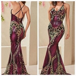 Multicolor Baroque Spaghetti Strap,  backless, Crisscross, Mermaid Maxi …